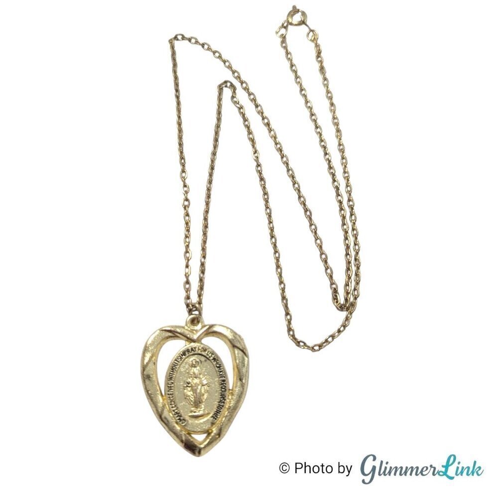VTG Our Lady Holy Virgin Mary Miraculous Heart Shaped Gold Tone Medal Necklace